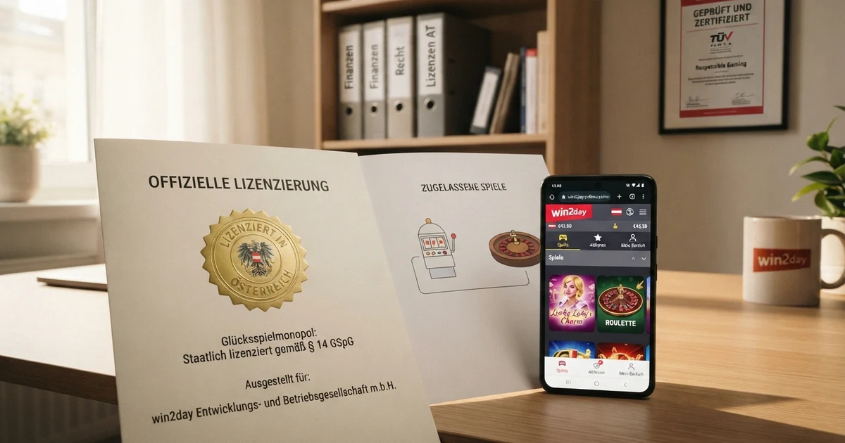 Offizielles Konzessionsdokument oder win2day-Interface mit Hinweis auf die österreichische Glücksspielkonzession