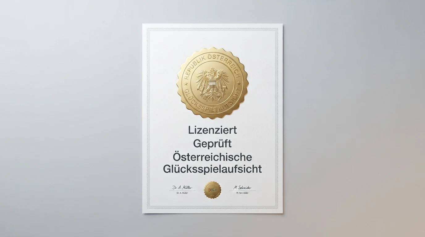 Ein offiziell wirkendes Dokument mit rundem Siegel und dem österreichischen Bundesadler, das eine staatliche Glücksspiel-Aufsicht symbolisiert