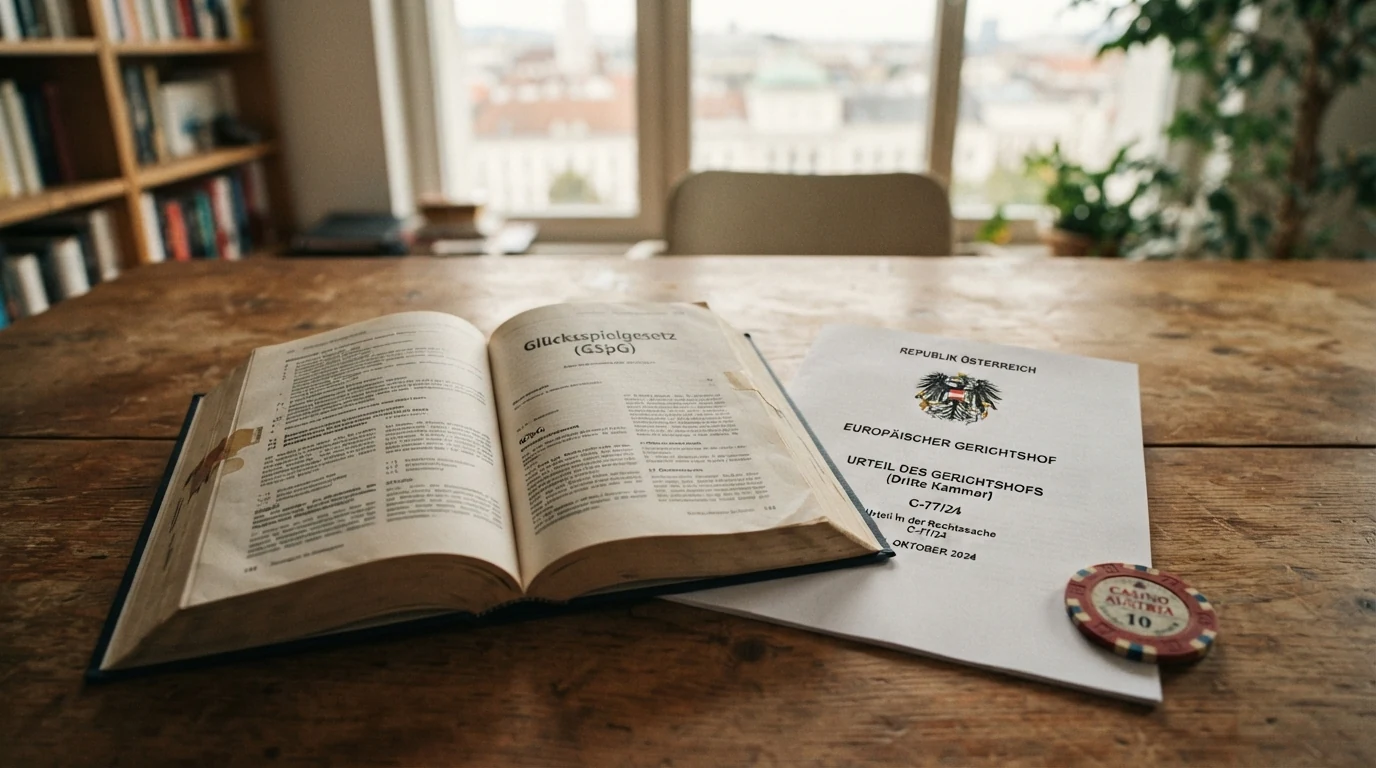 Ein aufgeschlagenes Gesetzbuch mit dem Titel „Glücksspielgesetz“, daneben ein EuGH-Urteilsdokument und das österreichische Bundeswappen