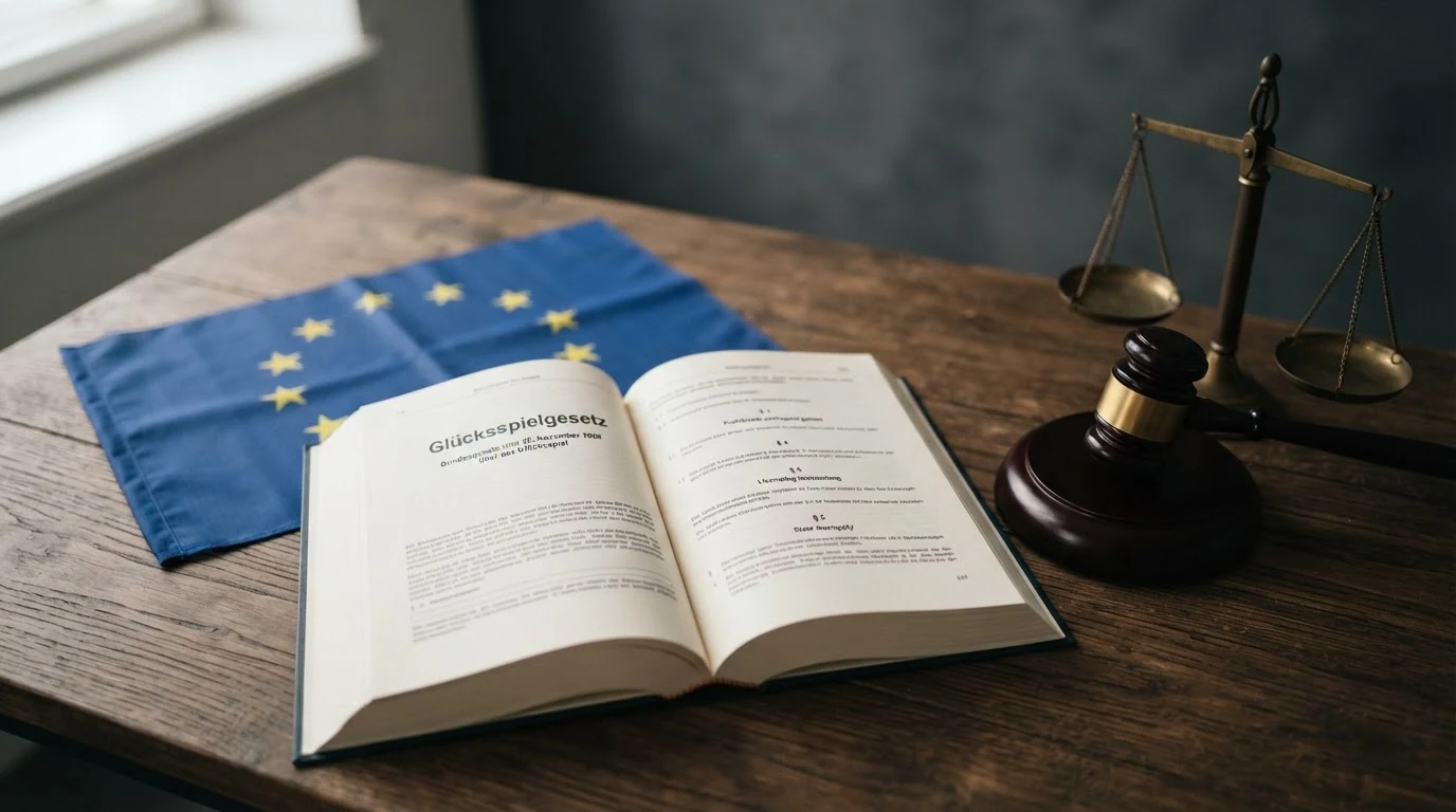 Ein aufgeschlagenes Gesetzbuch mit dem Titel „Glücksspielgesetz“ neben dem EU-Sternenkranz und einer Richterwaage