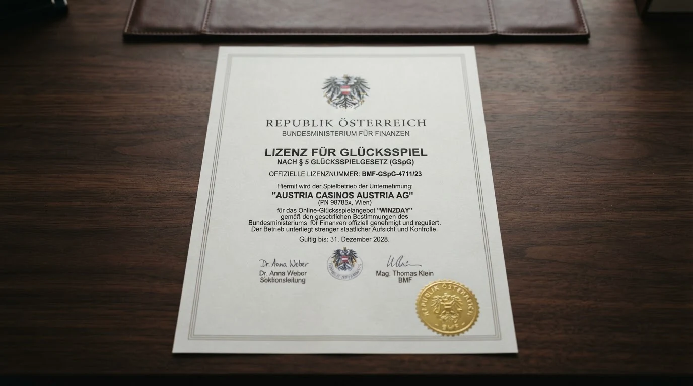 Offizielles Dokument mit dem österreichischen Bundesadler, Textverweisen auf das Glücksspielgesetz und dem BMF-Schriftzug