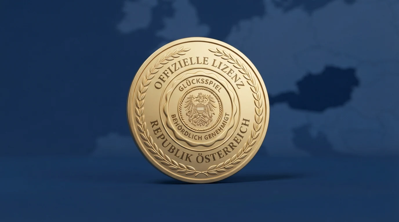 Offizielles Dokumenten-Icon mit österreichischem Bundesadler und dem Schriftzug „Glücksspielkonzession“ neben einer Europakarte mit hervorgehobenem Österreich