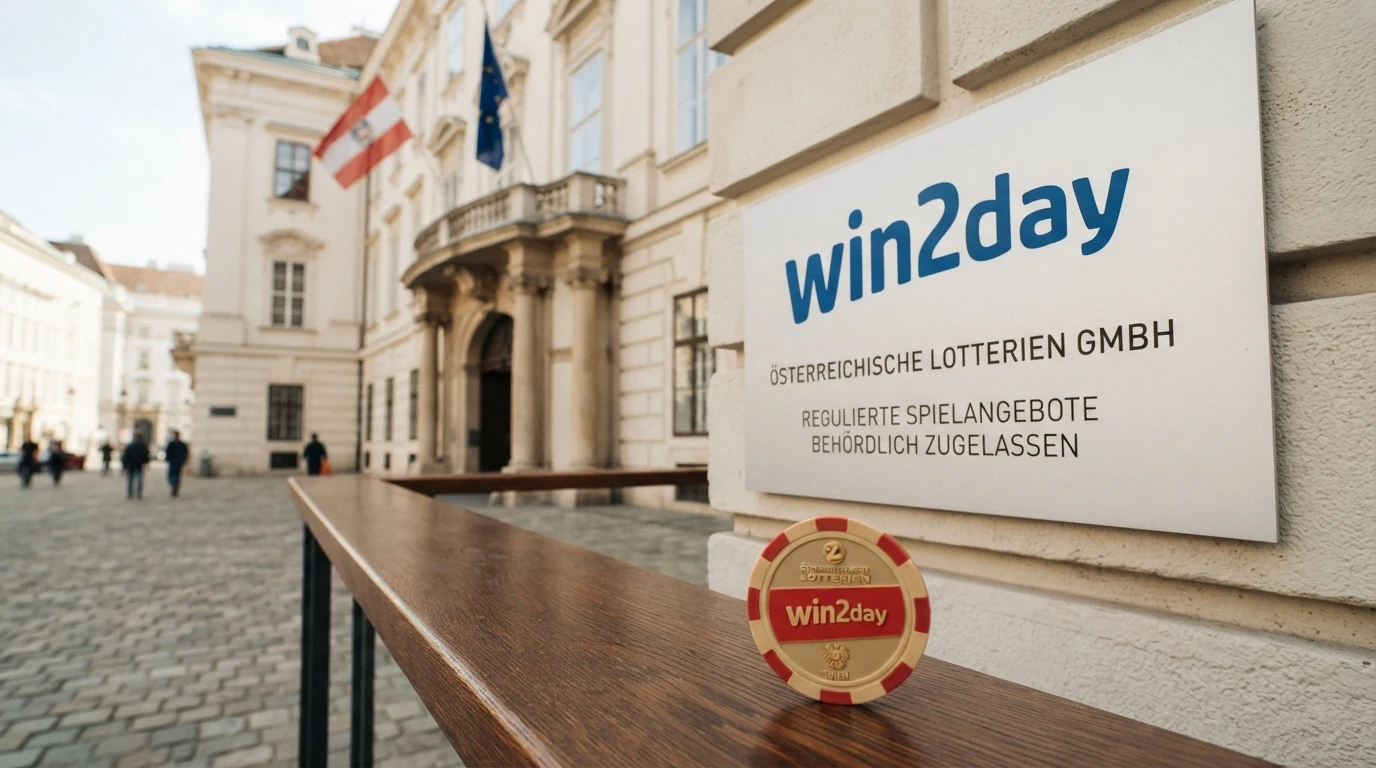 Das Logo der Österreichischen Lotterien mit dem win2day-Schriftzug vor einer stilisierten rot-weiß-roten Flagge