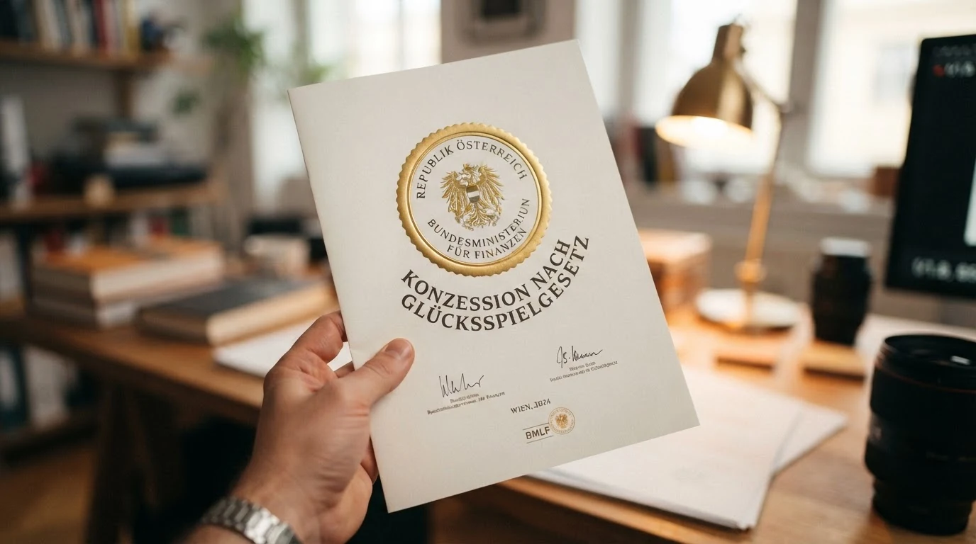 Offiziell wirkendes Dokument oder Siegel mit der Aufschrift „Konzession nach dem Glücksspielgesetz“ und dem Bundesadler