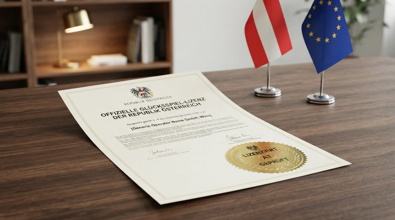 Offizielles Dokument mit österreichischem Bundeswappen und dem Titel „Glücksspielgesetz — Konzession“ neben einer EU-Flagge
