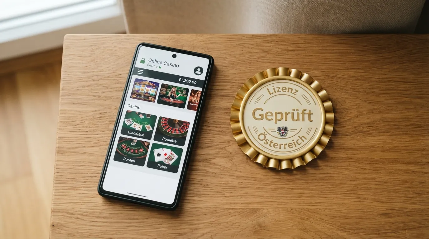 Ein stilisiertes österreichisches Wappen oder Behördensiegel neben einem Smartphone mit Casino-App und dem BMF-Logo — Symbolbild für reguliertes Glücksspiel