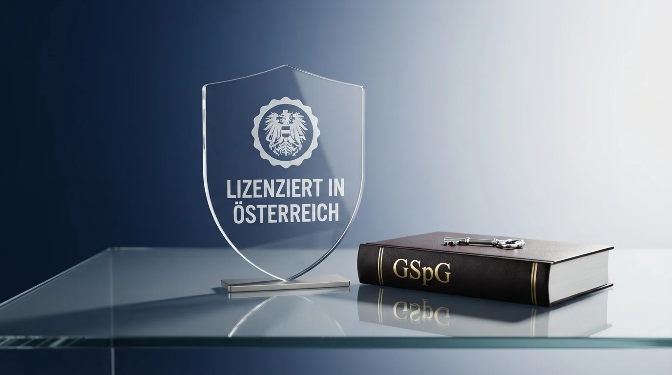 Eine stilisierte Darstellung der österreichischen und der EU-Flagge, daneben ein aufgeschlagenes Gesetzbuch mit dem Titel „GSpG“ und einem Konzessionssiegel
