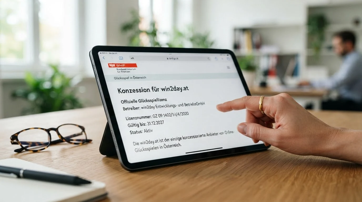Offizielle Webseite des BMF mit Informationen zu Glücksspielkonzessionen, Bildschirmfoto mit hervorgehobenem Abschnitt zur win2day-Konzession