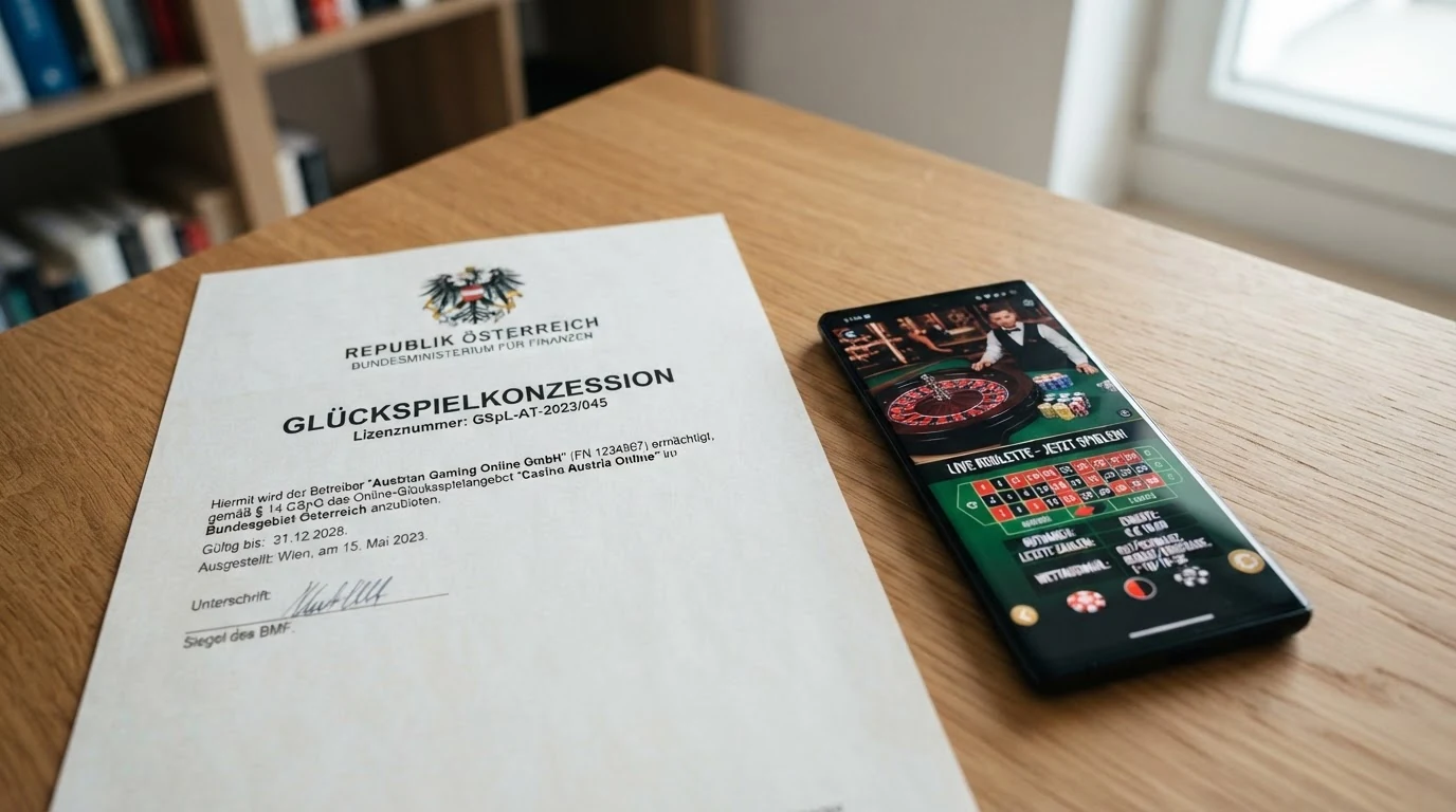 Ein offiziell wirkendes Dokument mit dem österreichischen Bundesadler und dem Schriftzug „Glücksspielkonzession“, daneben ein Smartphone mit einer Casino-Oberfläche