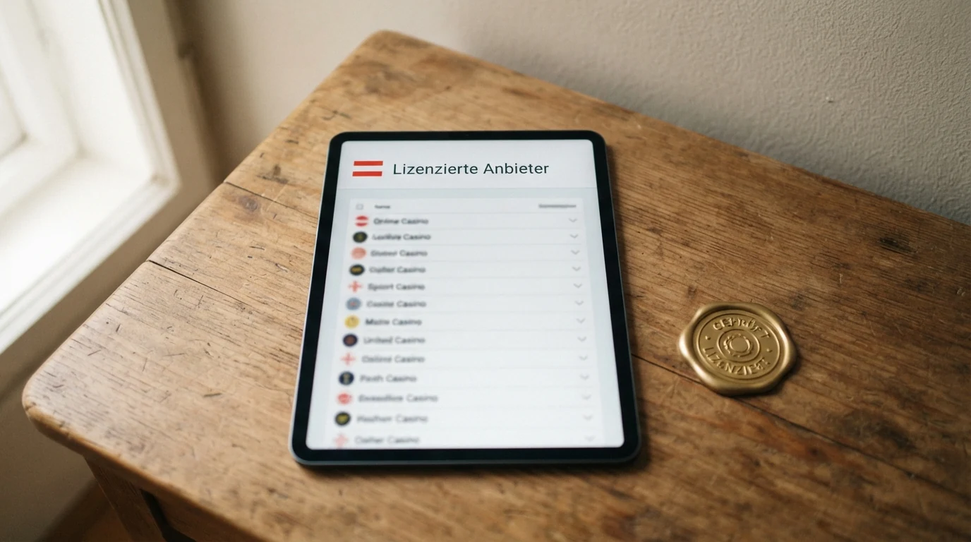 Eine österreichische Flagge neben einem Tablet mit geöffneter BMF-Konzessionsliste, dahinter ein Stapel unmarkierter Casino-AGB