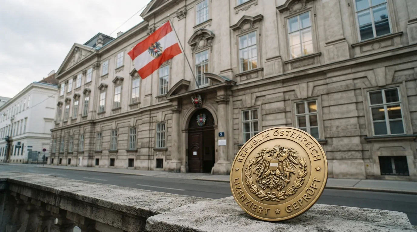 Das Gebäude des Bundesministeriums für Finanzen an der Himmelpfortgasse in Wien, davor die österreichische Flagge