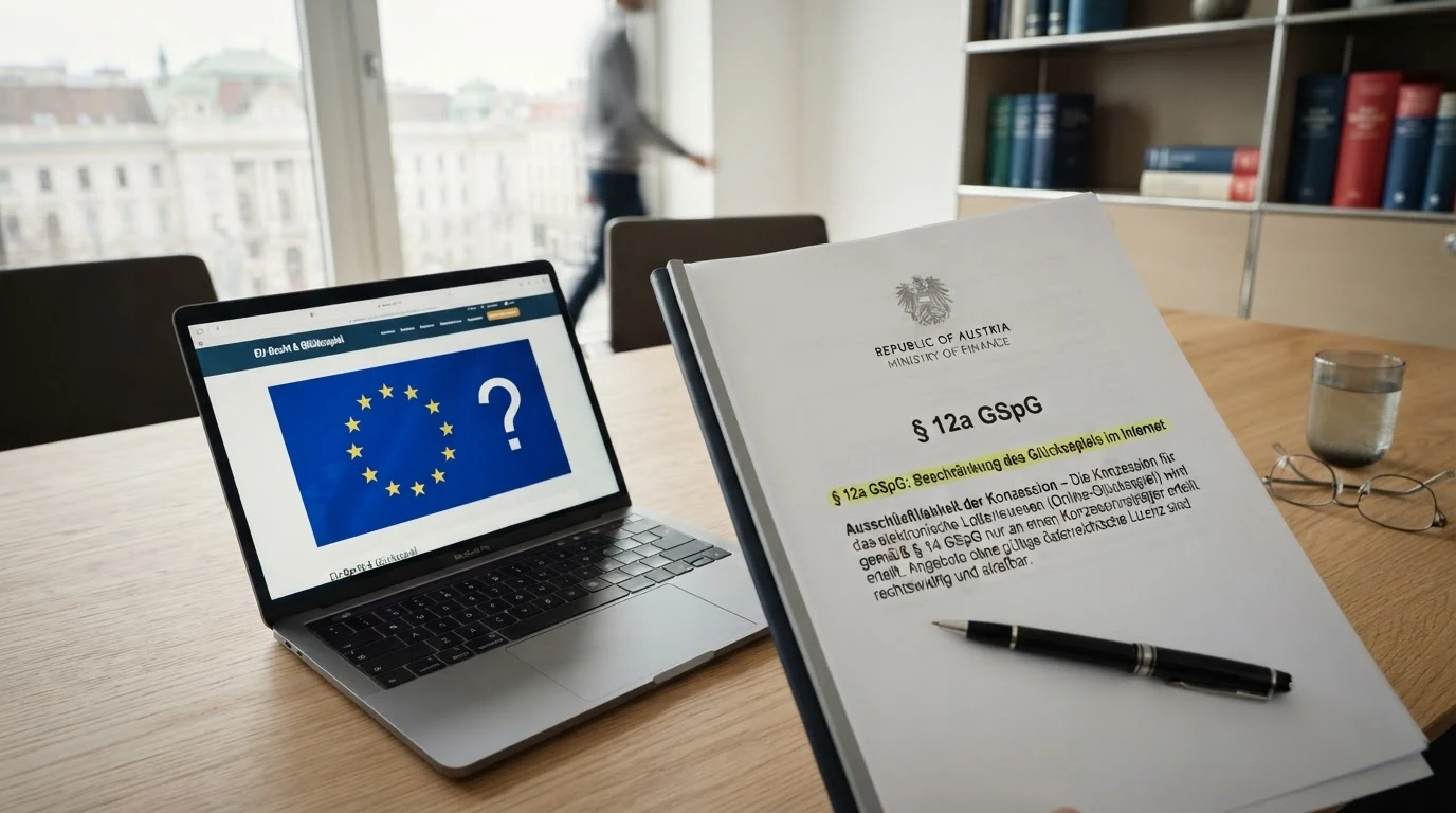 Amtliches österreichisches Dokument mit Siegel neben einem Bildschirm, der eine EU-Flagge und ein Fragezeichen zeigt