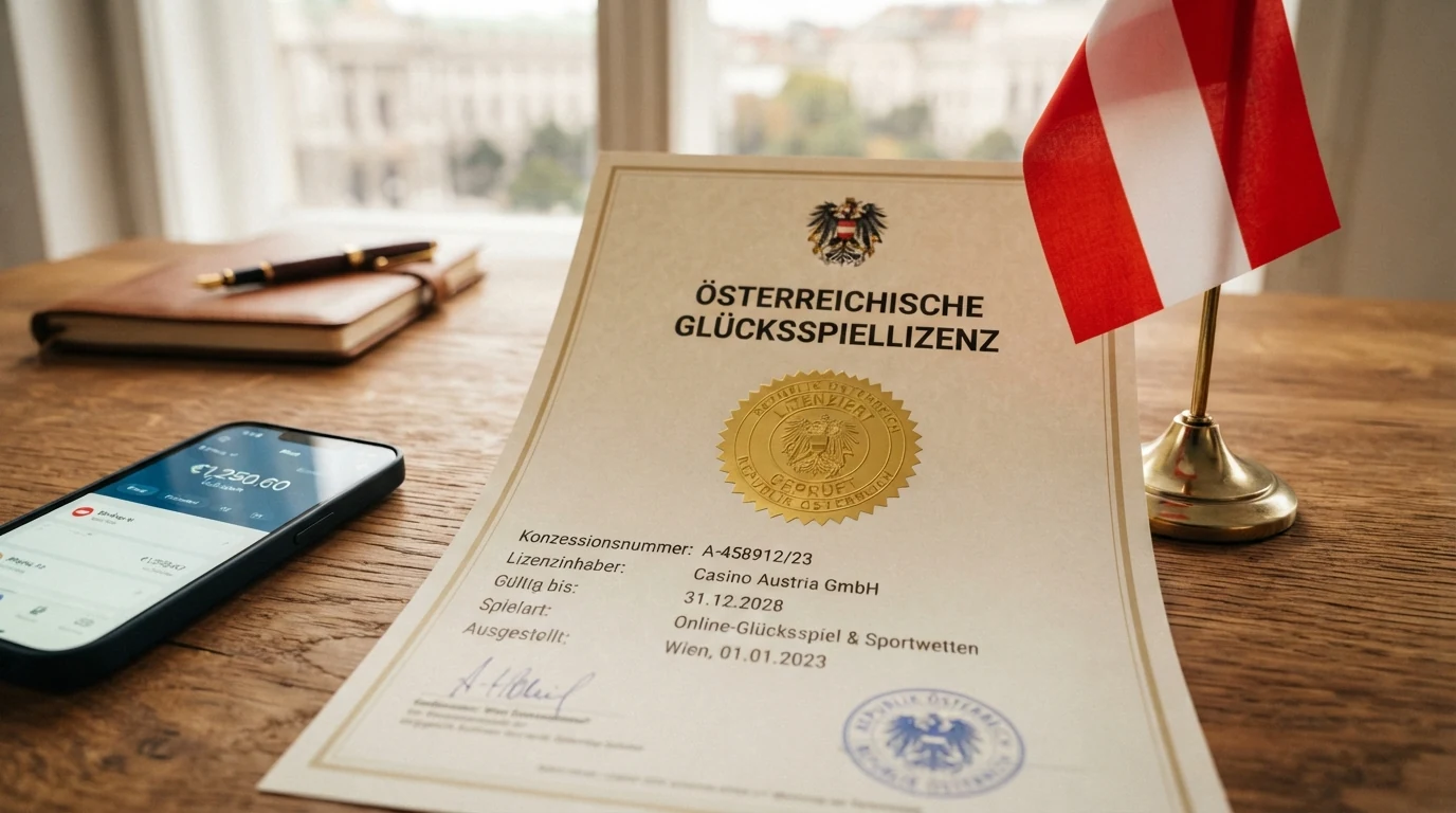 Offizielles BMF-Dokument oder Konzessionsnachweis mit Österreich-Flagge und EU-Sternen, visuelle Trennung zwischen lizenziertem und nicht-lizenziertem Bereich