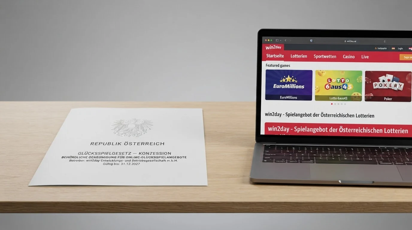 Ein amtliches Dokument mit dem österreichischen Bundesadler und dem Schriftzug „Glücksspielgesetz — Konzession“, daneben ein Laptop mit der win2day-Startseite