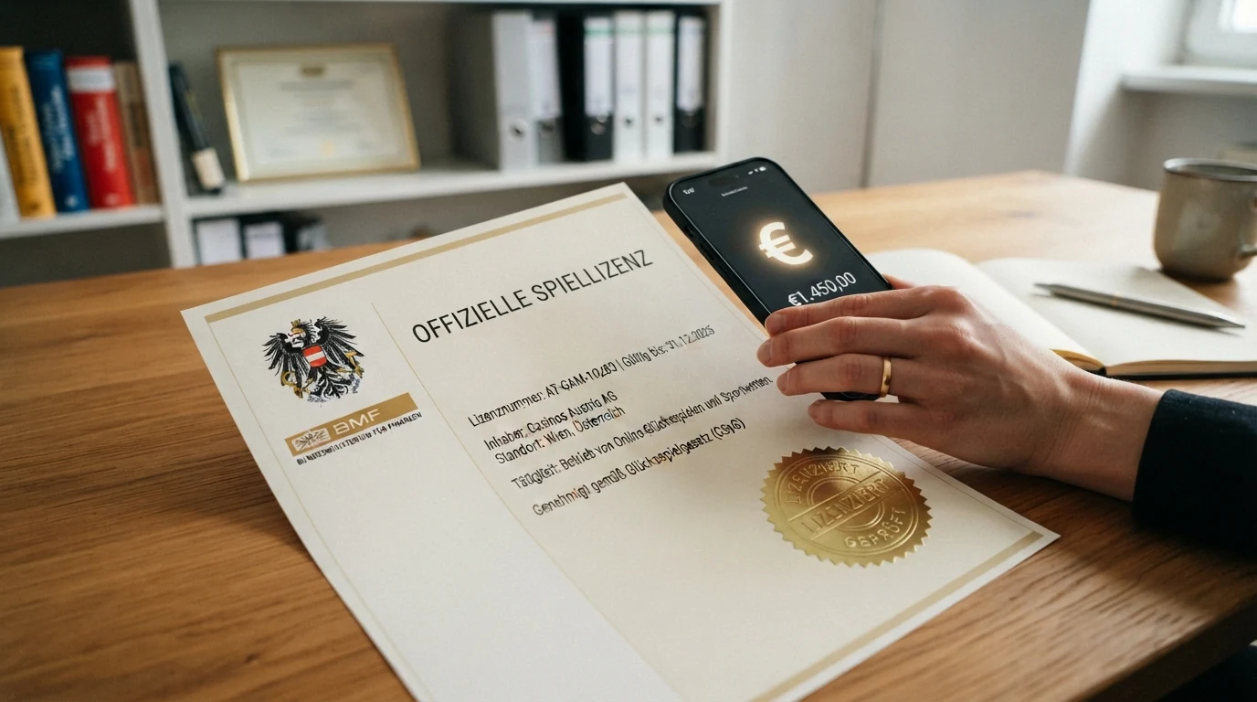 Offizielles Dokument der österreichischen Glücksspielkonzession mit Bundesadler und BMF-Siegel