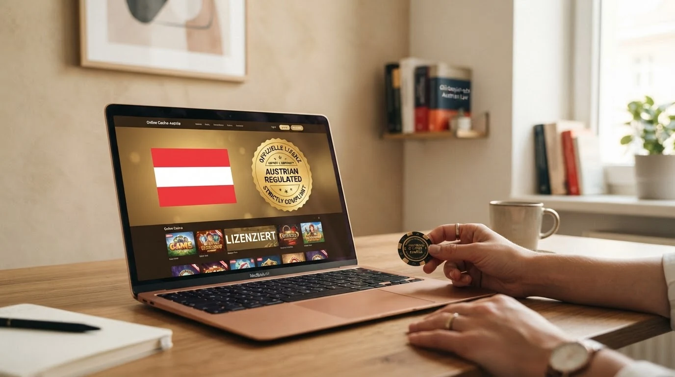 Symbolbild: EU-Flagge und österreichische Flagge neben einem Bildschirm mit Casino-Oberfläche und Schloss-Symbol