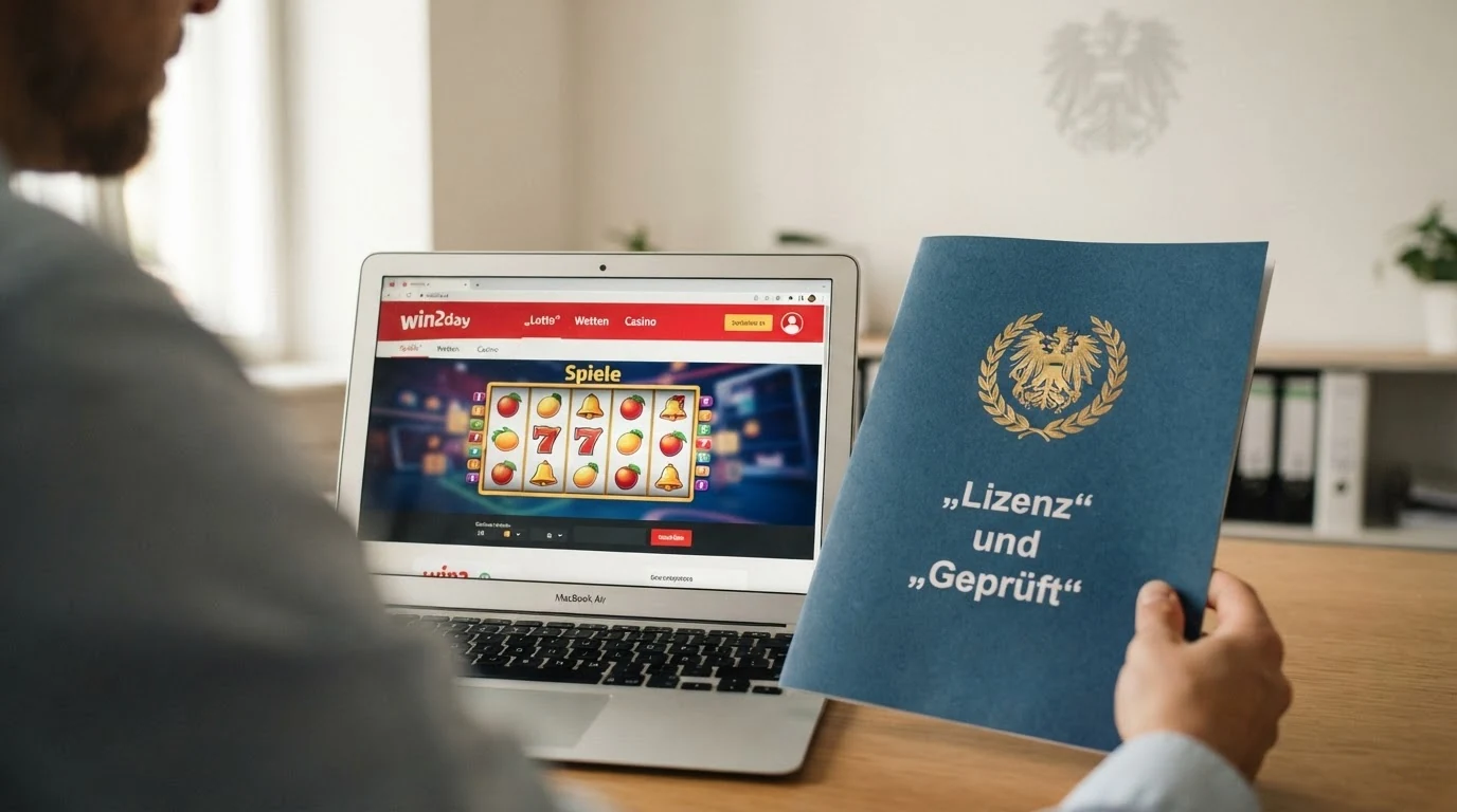 Screenshot der win2day-Lizenzseite neben dem offiziellen BMF-Logo und dem EuGH-Gebäude