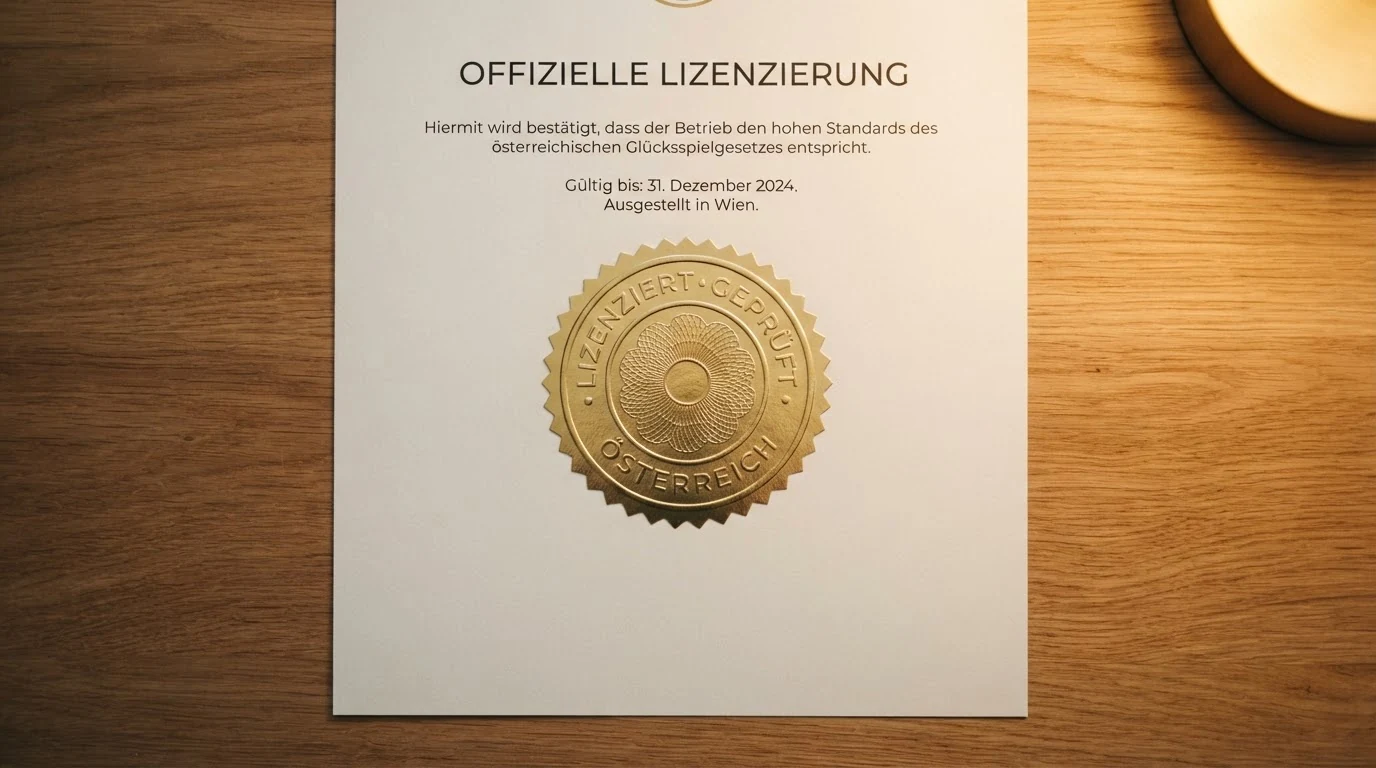 Eine stilisierte Österreich-Karte mit einem einzelnen beleuchteten Punkt für die AT-Konzession und mehreren ausgegrauten Punkten für Offshore-Lizenzen, verbunden durch gestrichelte Linien zu Malta und Curaçao