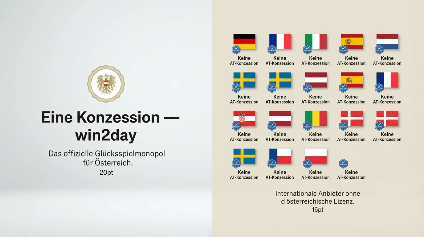Eine schematische Darstellung des österreichischen Glücksspiel-Lizenzsystems: links das BMF-Logo mit dem Schriftzug „Eine Konzession — win2day“, rechts mehrere EU-Flaggen mit MGA-Logos und dem Hinweis „Keine AT-Konzession“