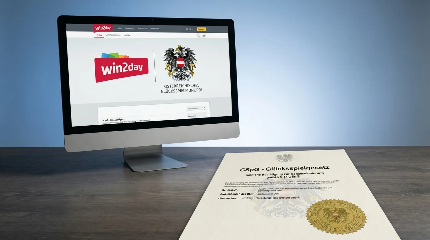 Das offizielle win2day-Logo neben dem Bundesadler der Republik Österreich auf einem Bildschirm, dahinter eine stilisierte Paragrafen-Grafik mit dem Titel „GSpG“