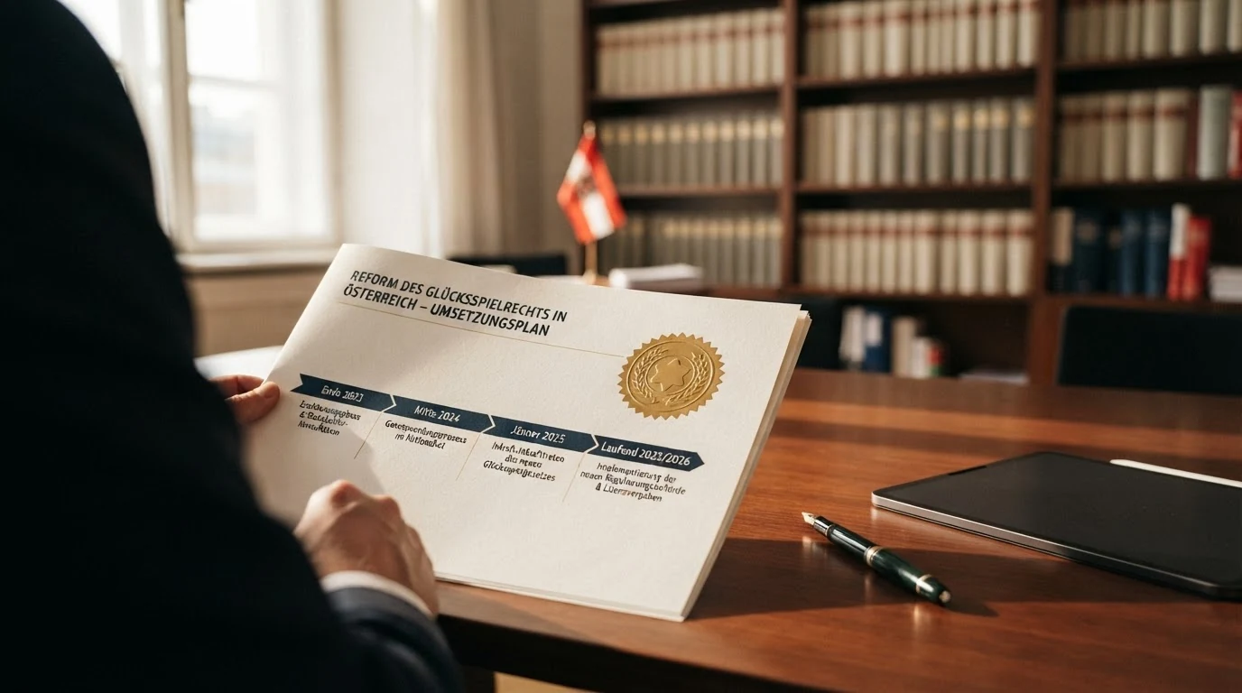 Offizielles Dokument zum österreichischen Glücksspielgesetz mit BMF-Siegel und eine Zeitleiste der Reform-Meilensteine