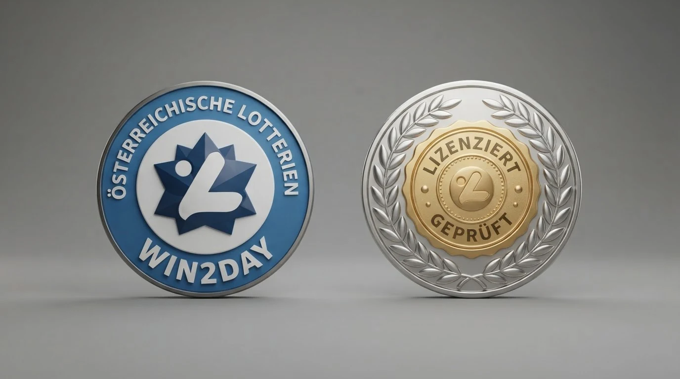 Das Logo der win2day-Plattform neben dem österreichischen Bundeswappen und einem MGA-Lizenzsiegel
