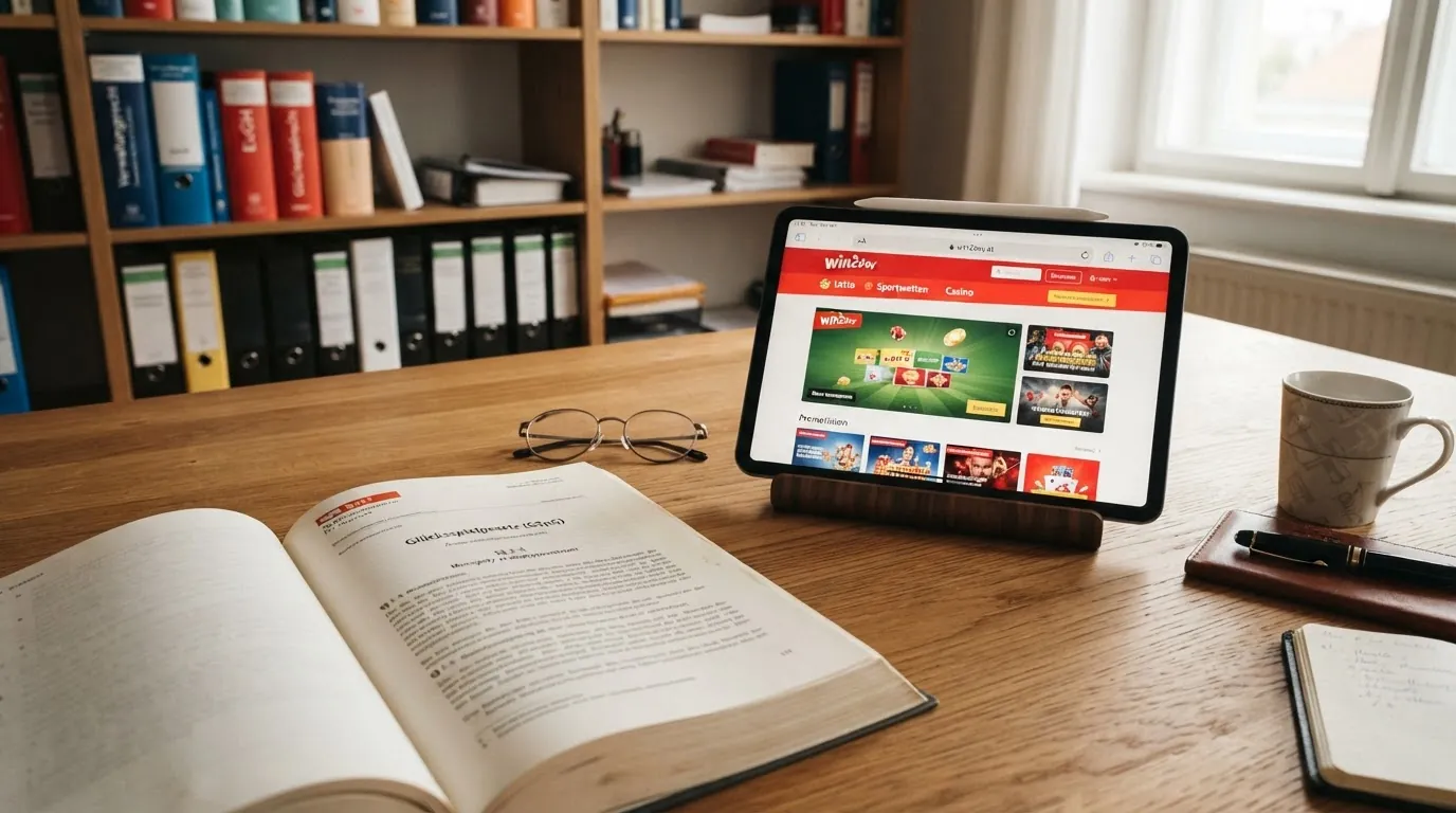 Ein Schreibtisch mit aufgeschlagenem GSpG-Gesetzestext, BMF-Briefkopf und einem Tablet mit win2day-Startseite — die visuelle Brücke zwischen Gesetzestext und lizenziertem Angebot