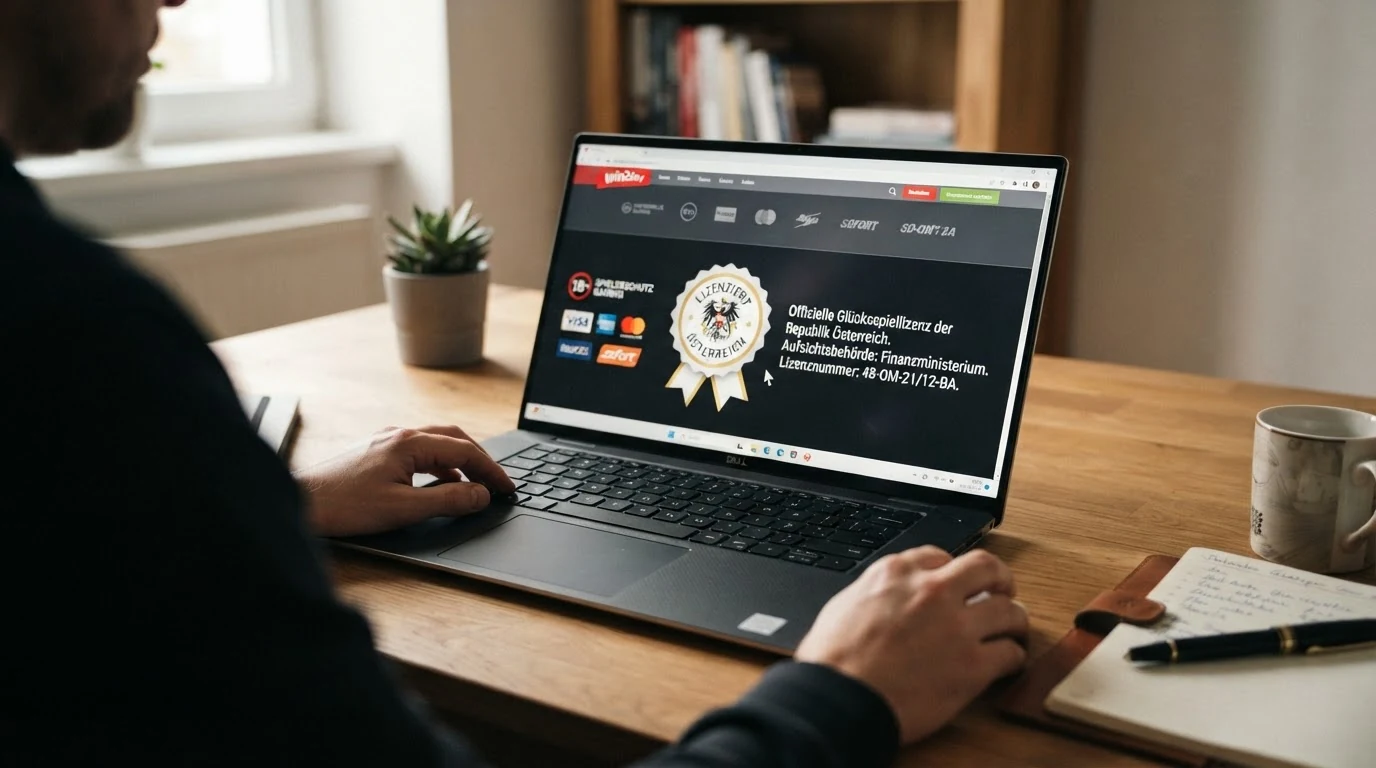 Nahaufnahme eines Bildschirms mit dem Impressum-Footer einer Casino-Website, Mauszeiger auf dem Konzessionshinweis