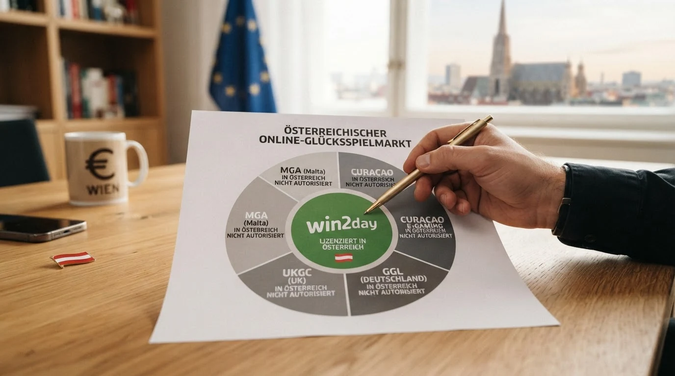 Eine grafische Darstellung der österreichischen Glücksspiel-Lizenzlandschaft: win2day als einziger Konzessionär im Zentrum, umgeben von MGA-, Curaçao- und GGL-lizenzierten Anbietern mit dem Vermerk „in Österreich nicht autorisiert“
