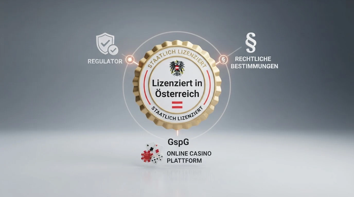 Infografik zum österreichischen Konzessionsmodell mit BMF-Logo, GSpG-Paragraf, win2day-Symbol und Zeitleiste bis zur geplanten Reform