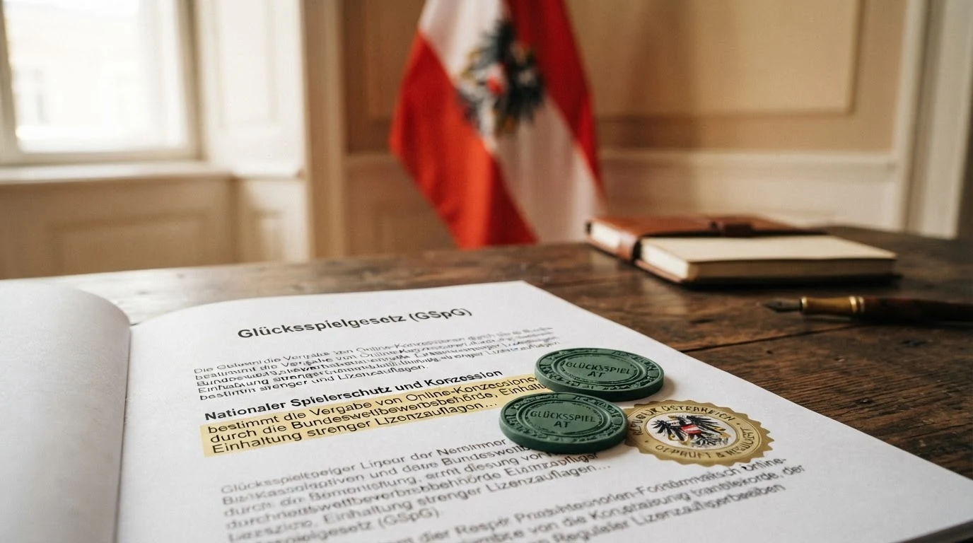 Eine österreichische Flagge neben einem Gesetzestext mit dem Titel „Glücksspielgesetz (GSpG)“, darunter ein Aktenvermerk „Konzession“