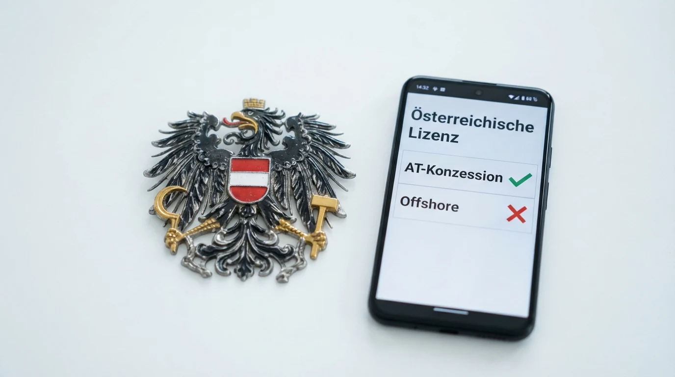 Offizielles österreichisches Bundeswappen neben einem Smartphone, das eine Casino-Lizenz-Übersicht mit Haken bei „AT-Konzession“ und Kreuz bei „Offshore“ zeigt