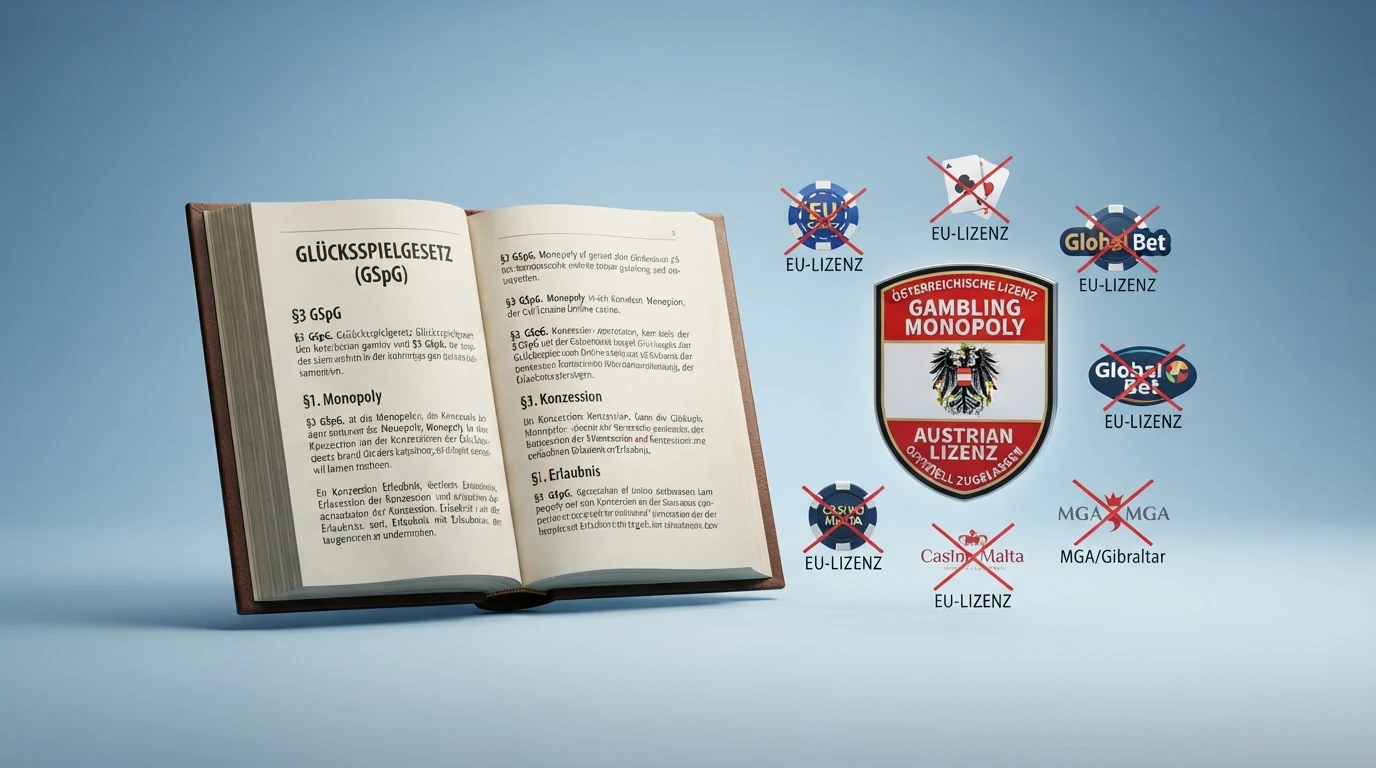 Symbolische Darstellung: ein aufgeschlagenes Gesetzbuch neben dem win2day-Logo und mehreren durchgestrichenen EU-Casino-Logos