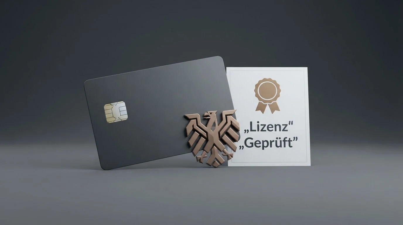 Ein stilisiertes Bundesadler-Symbol neben dem Schriftzug „BMF“ auf der linken Bildhälfte, rechts daneben eine stilisierte Visa-Karte und ein Fragezeichen — die Grafik illustriert das Spannungsfeld zwischen österreichischer Regulierung und internationaler Zahlungsakzeptanz