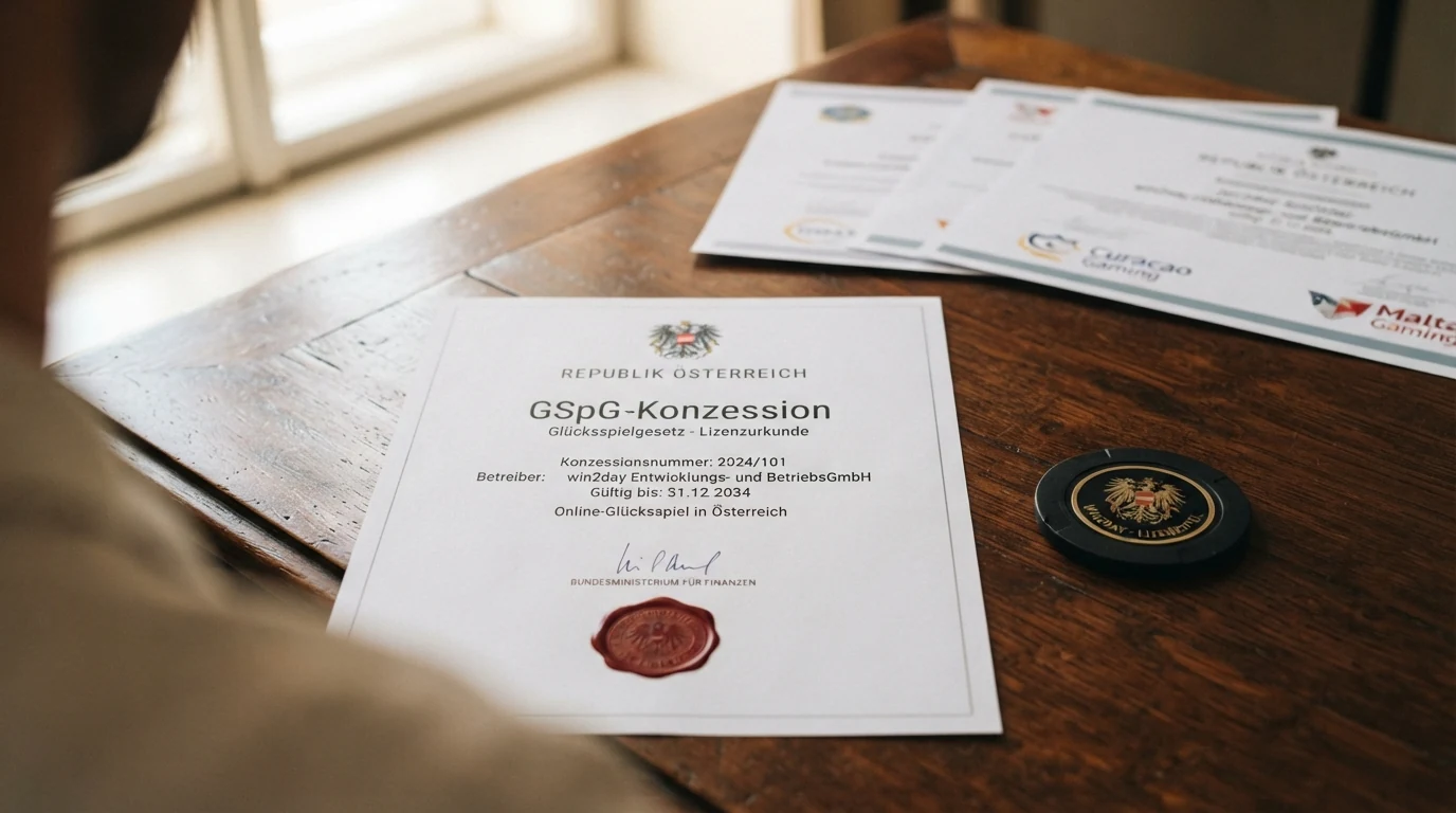 Ein amtlich wirkendes Dokument mit dem Bundesadler der Republik Österreich und dem Schriftzug „GSpG-Konzession“, daneben ein Stapel nicht-offizieller ausländischer Lizenz-Zertifikate mit Fragezeichen