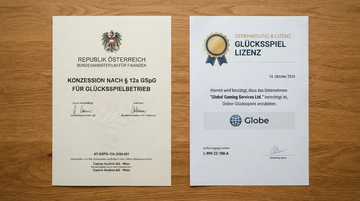 Eine Gegenüberstellung des österreichischen BMF-Konzessionssiegels und einer MGA-Lizenzurkunde mit Fragezeichen