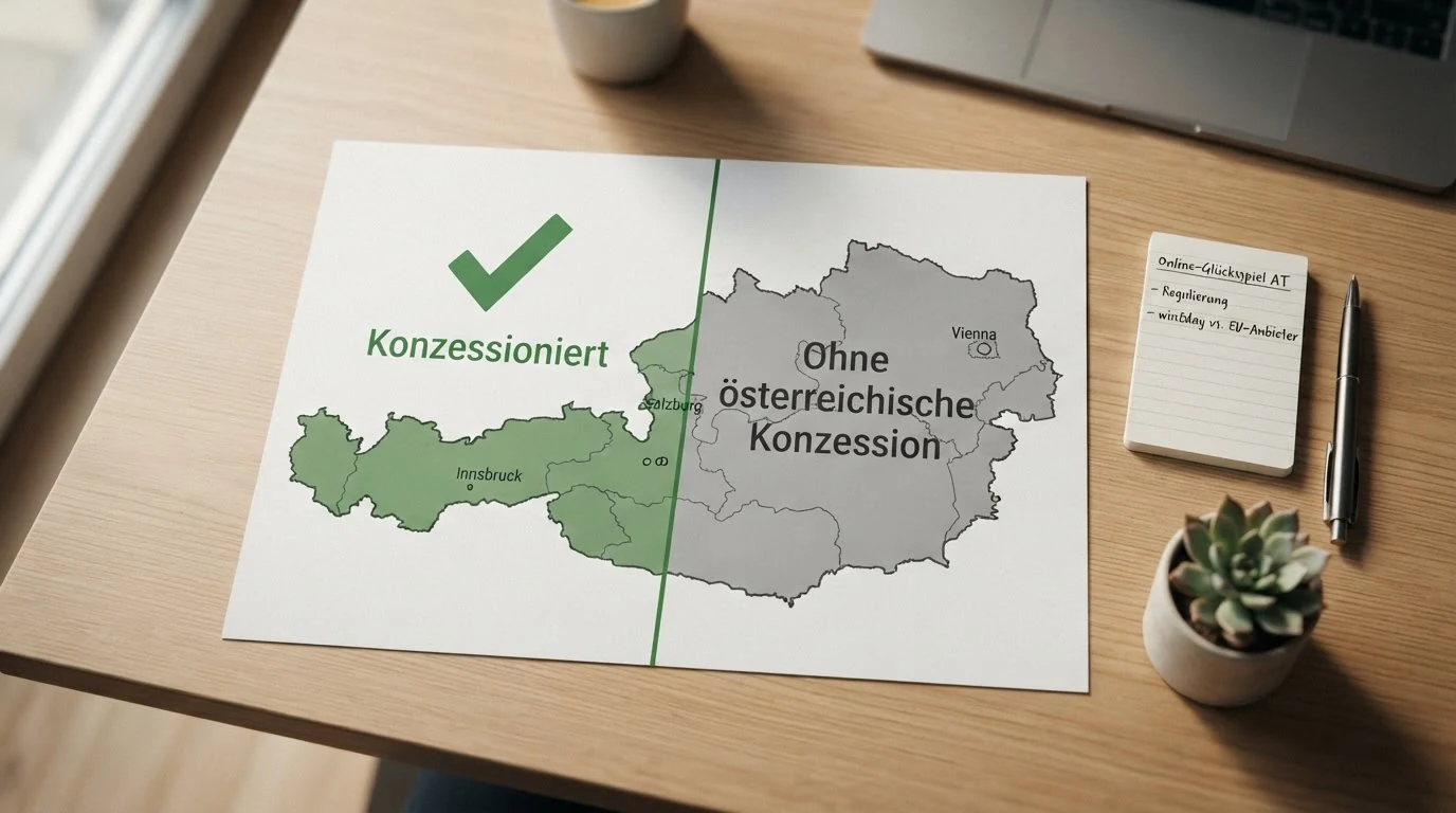 Eine stilisierte Österreich-Karte mit zwei farblich getrennten Bereichen: ein grüner Haken über „win2day — Konzessioniert“ und ein grauer Bereich mit „Offshore/EU — Ohne österreichische Konzession“
