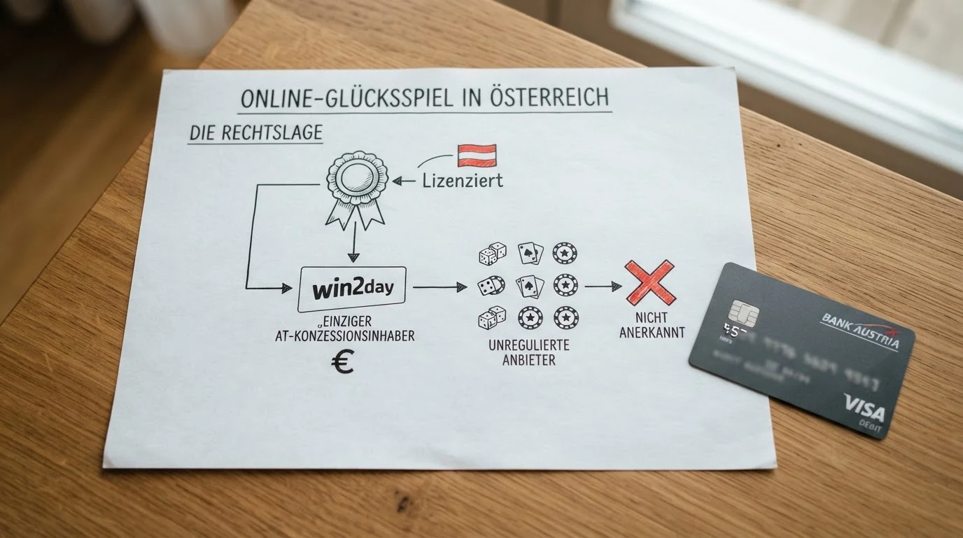 Schaubild der österreichischen Online-Glücksspiel-Lizenzstruktur mit win2day als einzigem Konzessionär und neun weiteren Anbietern ohne AT-Lizenz