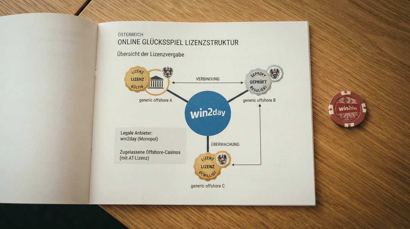 Schematische Darstellung der österreichischen Glücksspiel-Lizenzstruktur: ein Konzessionär (win2day) und mehrere nicht lizenzierte Anbieter mit MGA- und Curaçao-Lizenzen