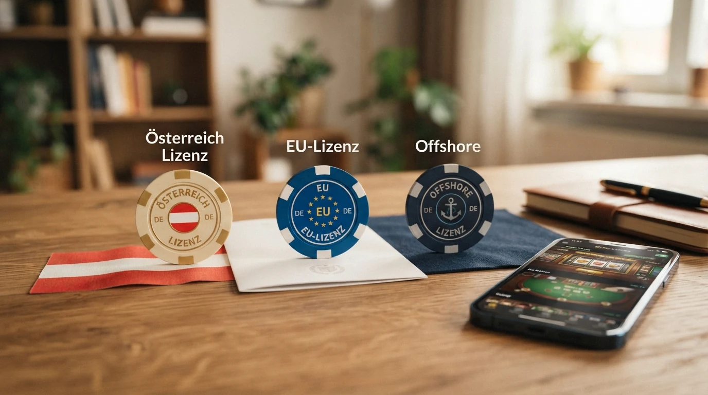 Österreich-Konzession, MGA-Logo und Curaçao-Siegel nebeneinander — die drei Lizenzwelten für AT-Spieler