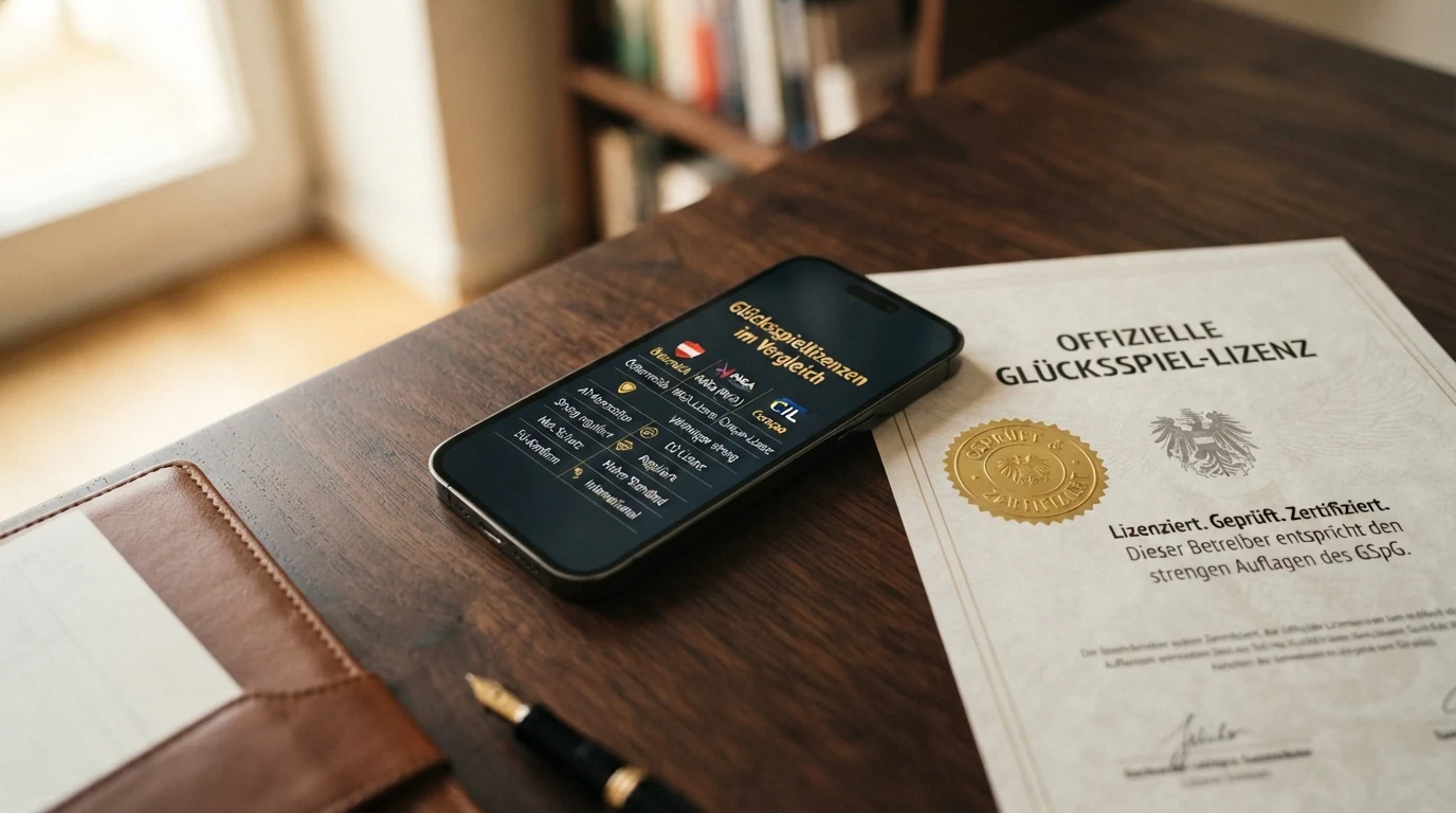 Ein offiziell wirkendes Dokument mit Siegel neben einem Smartphone, auf dem eine Übersicht verschiedener Glücksspiel-Lizenzen zu sehen ist