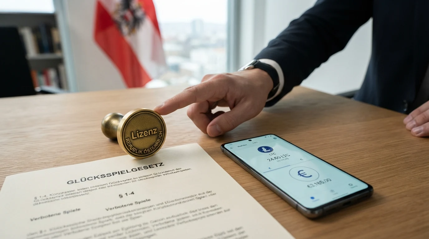 Ein Paragraf-Symbol neben dem österreichischen Bundesadler, geteilt mit einer Litecoin-Münze – die rechtliche Grauzone visuell