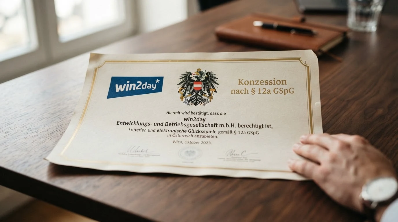 Das win2day-Logo neben dem österreichischen Bundeswappen und dem Schriftzug „Konzession nach § 12a GSpG“ auf einer stilisierten Urkunde.