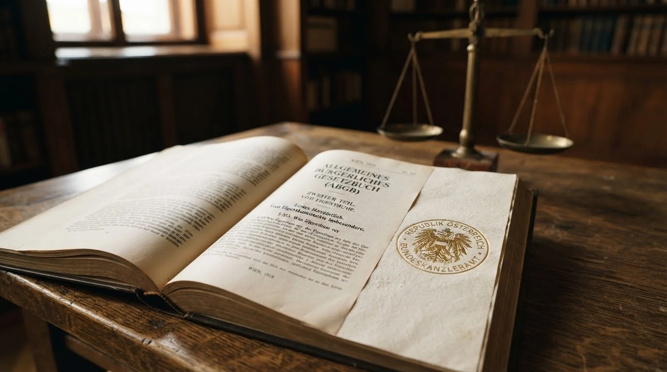Aufgeschlagenes Gesetzbuch mit sichtbarem Paragrafen-Text neben dem österreichischen Bundesadler, im Hintergrund eine Waage als Rechtssymbol