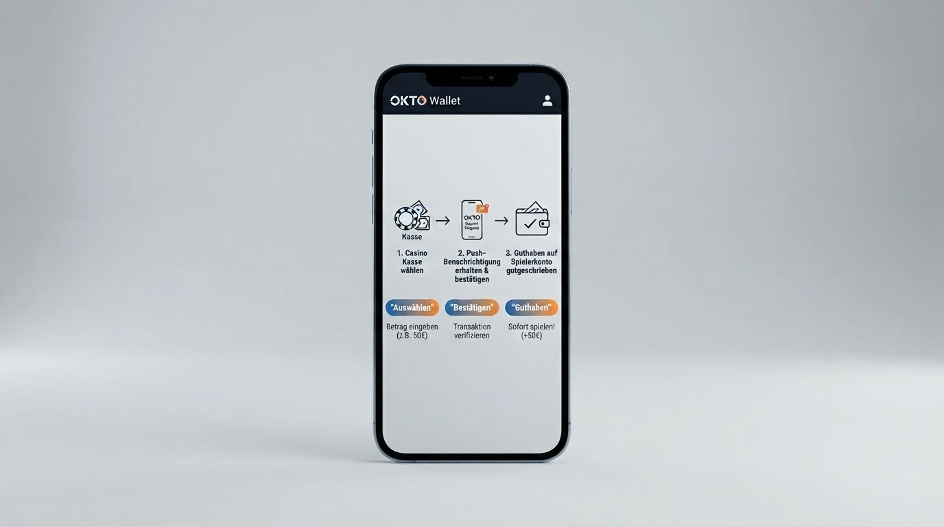 Schematische Darstellung des dreistufigen Einzahlungsvorgangs: Casino-Kasse, App-Benachrichtigung, Bestätigung