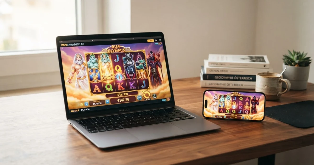 Ein Laptop-Bildschirm mit einem geöffneten Online-Casino-Spiel im Browser, daneben ein Smartphone mit demselben Spiel — kein Installationsfenster, kein Download-Manager sichtbar