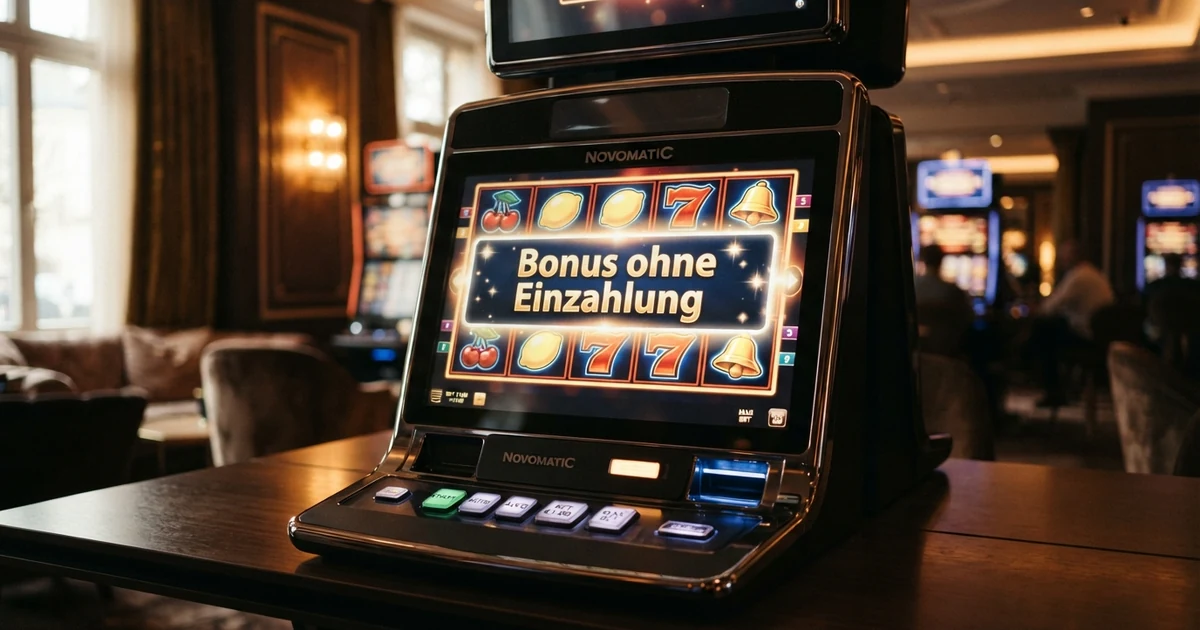 Spielautomat mit leuchtenden Walzen voller Fruchtsymbole, über denen der Text „Bonus ohne Einzahlung“ auf einem transparenten Banner eingeblendet ist