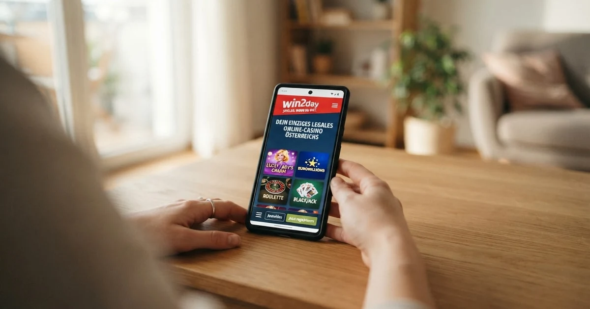 Screenshot der win2day-Startseite mit sichtbarem Konzessionshinweis und Spielauswahl