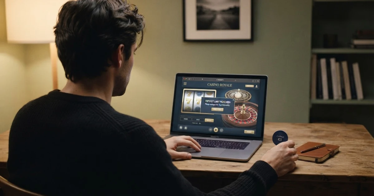 Ein Spieler sitzt vor einem Laptop, auf dem Bildschirm ist ein Online-Casino mit einem eingeblendeten Einzahlungslimit-Hinweis zu sehen