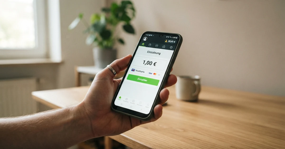 Eine Hand hält ein Smartphone mit geöffneter Casino-App, auf dem Bildschirm ist das Einzahlungsfenster mit dem Betrag „1,00 €“ und dem Button „Einzahlen“ zu sehen